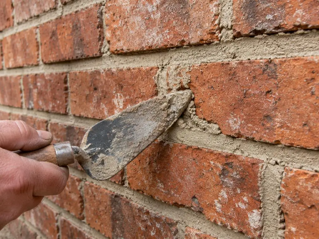 Brick Pointing & Repointing in Yorkshire Pointing trowel pressing fresh mortar into the joints of a red brick wall